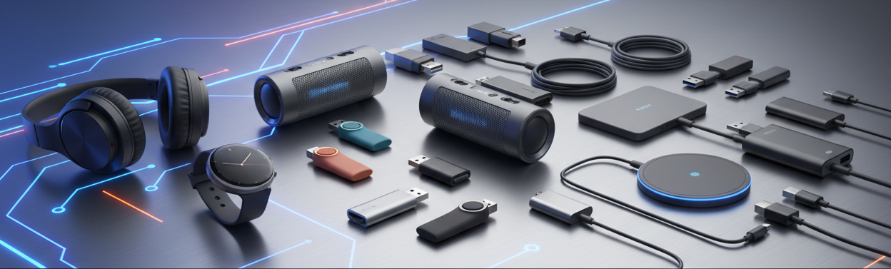 donde con gadgets electronicos como audífonos relojes, memorias USB, parlantes pequeños, etc. con una relación de aspecto 3:1