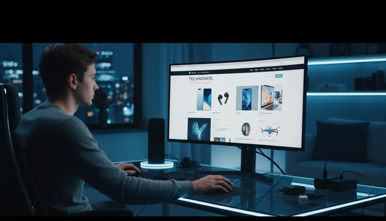 imagen de un cliente navegando en su computadora con intención de realizar una compra en la web de productos tecnológicos. Que la relación de aspecto de la imagen sea de 3:1