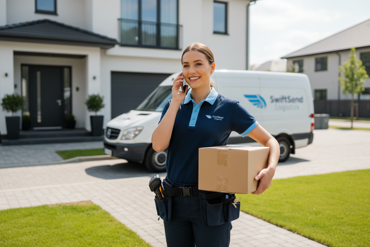 imagen de un repartidor de delivery coordinando por telefeno la entrega de un paquete hacia el domicilio del cliente. Que la imagen tenga relación de aspecto 3:1