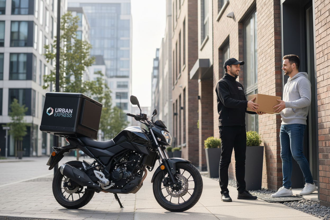 una imagen de un repartidor hombre entregando una caja de delivery a un cliente hombre en la puerta de su casa en la ciudad, que el vehículo del repartidor sea una moto con caja de delivery atrás. Que la imagen tenga una relación de aspecto 4:1 y que tenga una definición alta